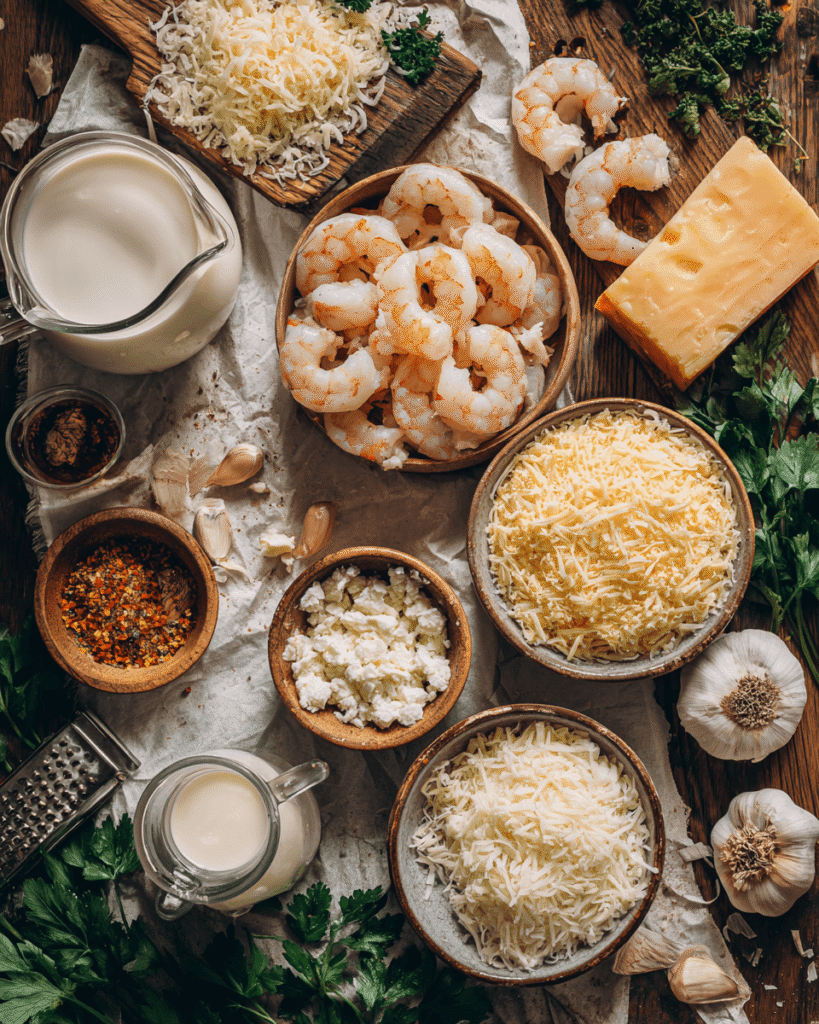 Ingredients for shrimp au gratin including shrimp, garlic, cream, parmesan, mozzarella, and herbs