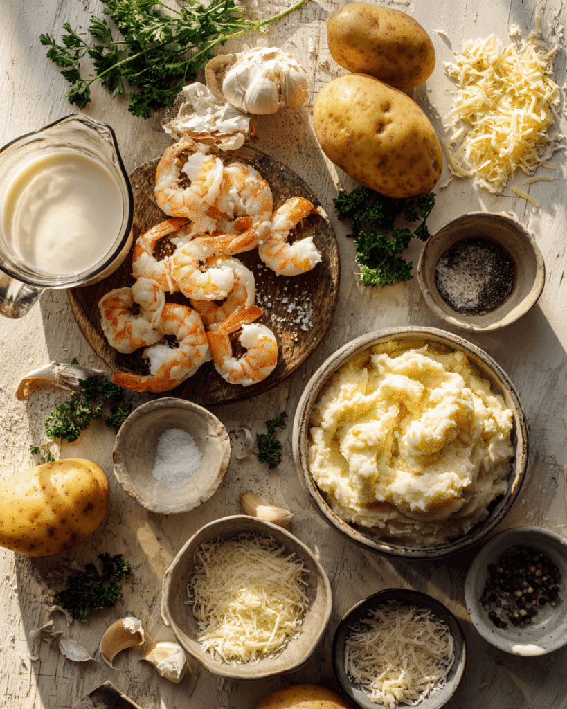 Ingredients for creamy garlic shrimp including shrimp, garlic, cream, butter, potatoes, and herbs