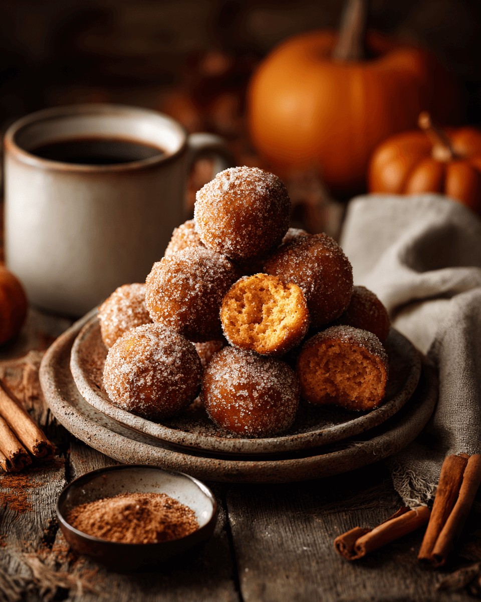Healthy pumpkin donut holes rolled in cinnamon sugar on a plate