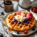 Stack of crispy homemade waffles with golden edges topped with butter and maple syrup