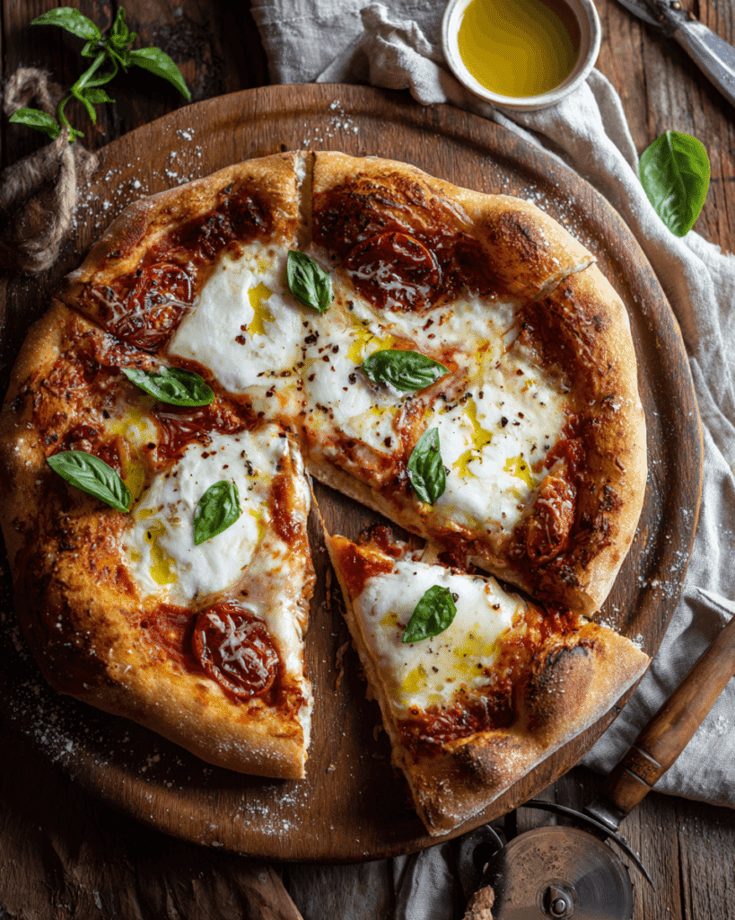 Homemade pizza made with Greek yogurt dough topped with tomato sauce, mozzarella, and fresh basil