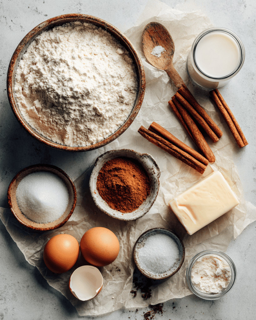 Ingredients for cinnamon sugar donuts including flour, sugar, cinnamon, butter, and eggs