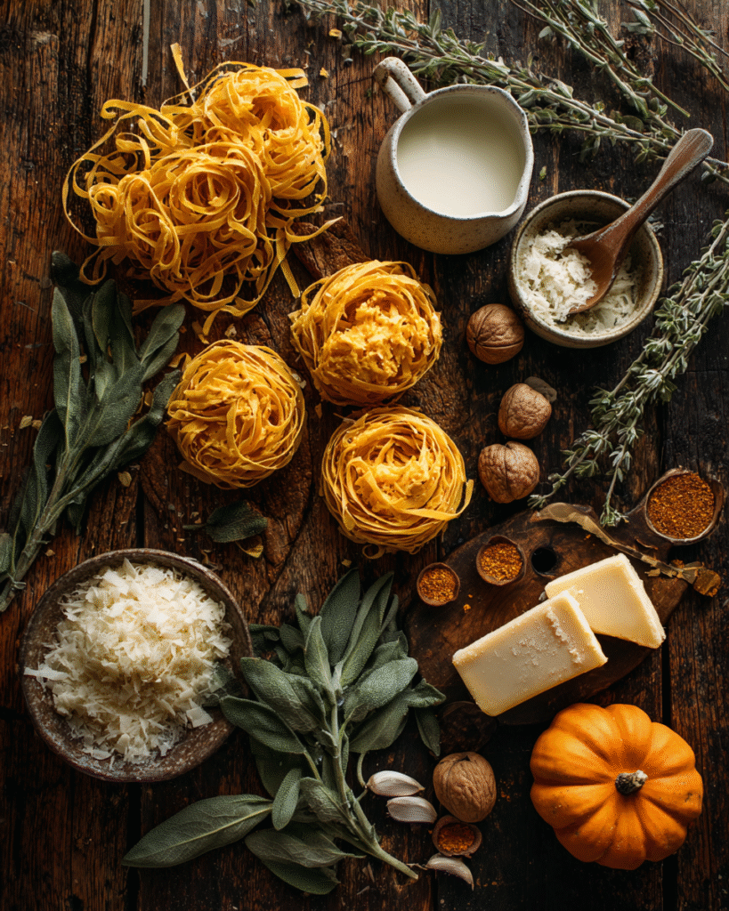 Ingredients for pumpkin Alfredo pasta including pasta, pumpkin puree, cream, parmesan, garlic, and herbs
