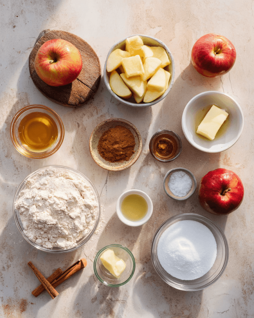 Ingredients for apple pull-apart bread including apples, cinnamon, sugar, flour, butter, and yeast
