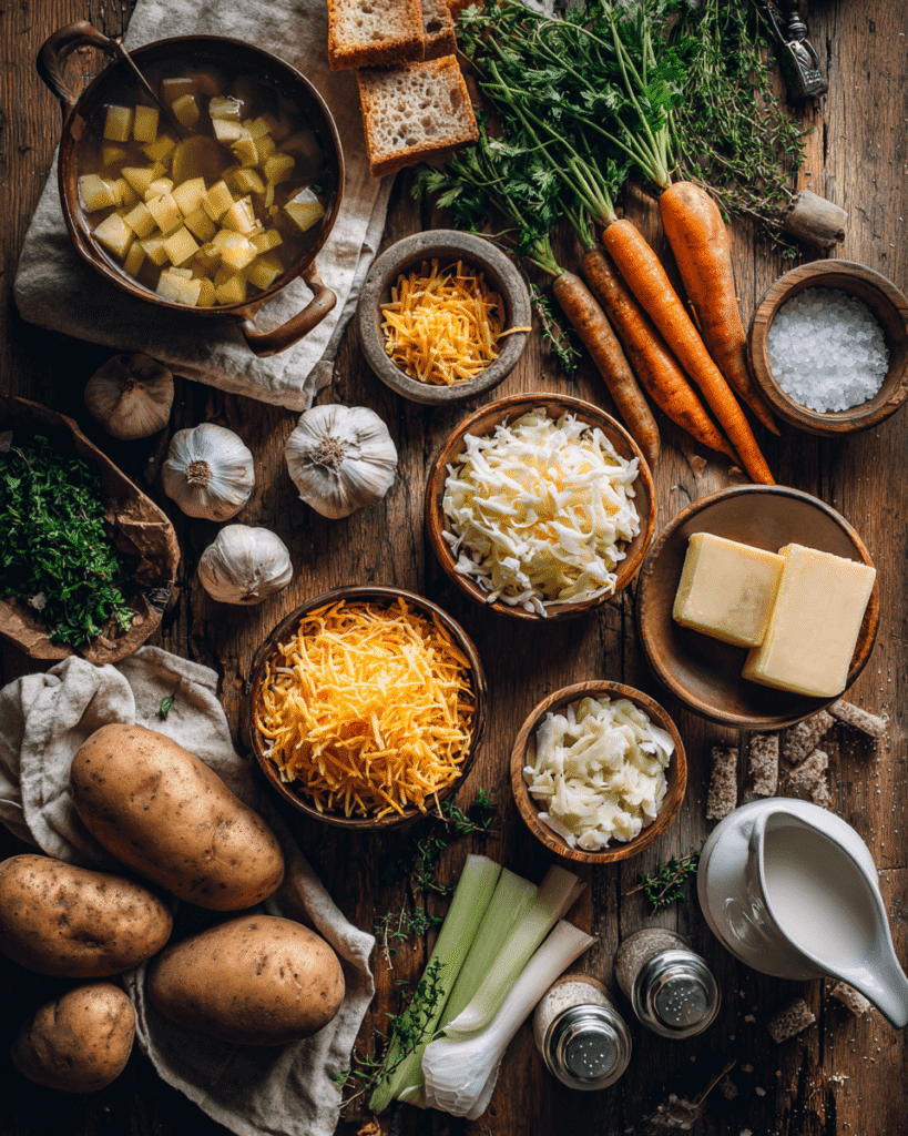 Ingredients for potato soup including potatoes, cheddar cheese, garlic, onions, broth, and fresh herbs