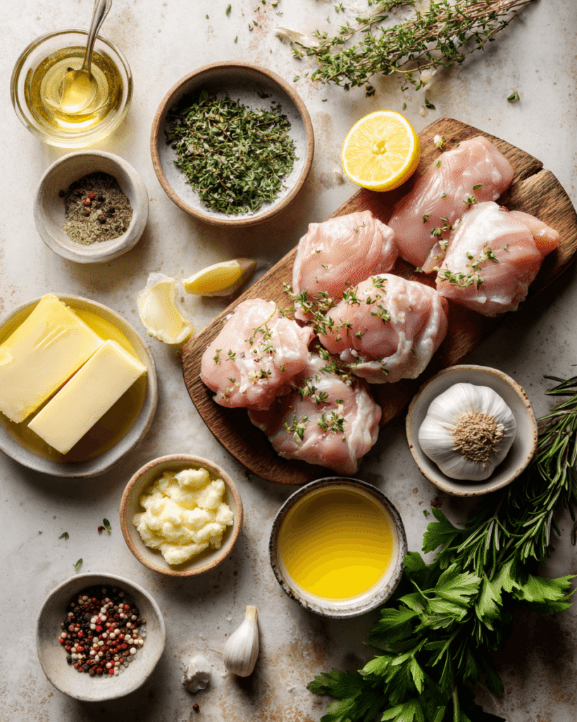 Ingredients for garlic butter chicken bites including chicken breast pieces, garlic, butter, herbs, and seasoning