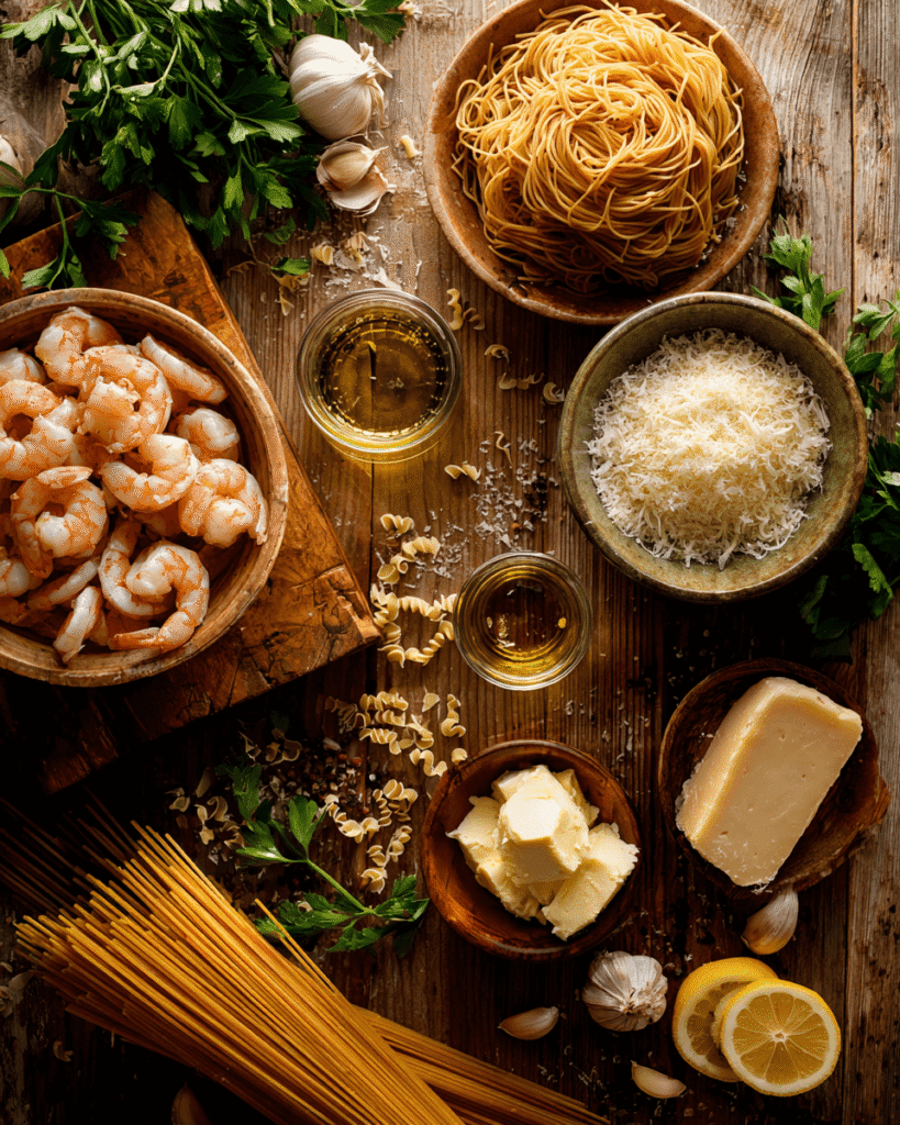 Ingredients for garlic shrimp pasta including shrimp, spaghetti, garlic, olive oil, butter, and parsley