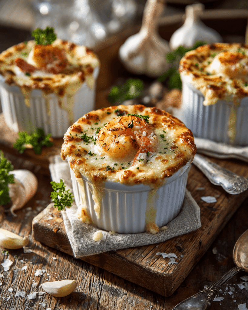 Cheesy garlic shrimp au gratin served in a bowl with parsley garnish