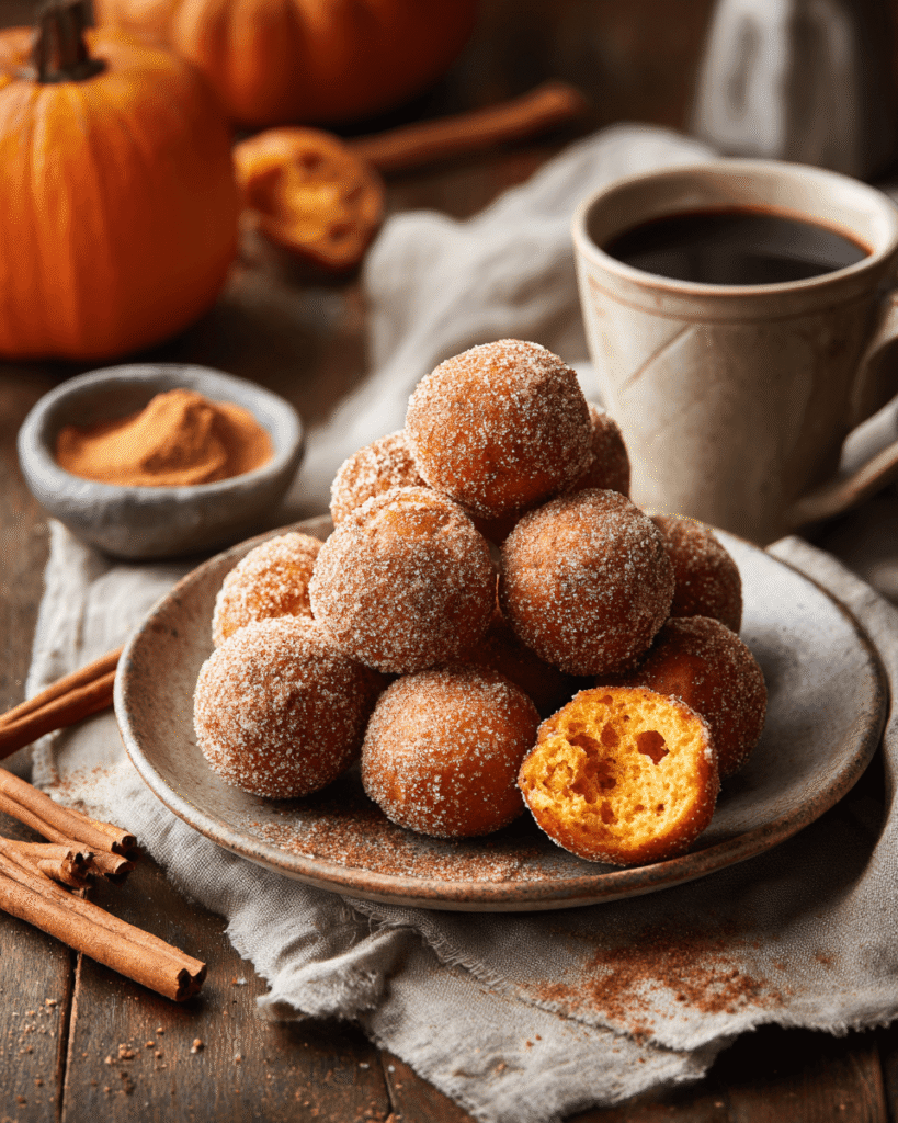 Close-up of soft and fluffy pumpkin donut hole with a bite taken out