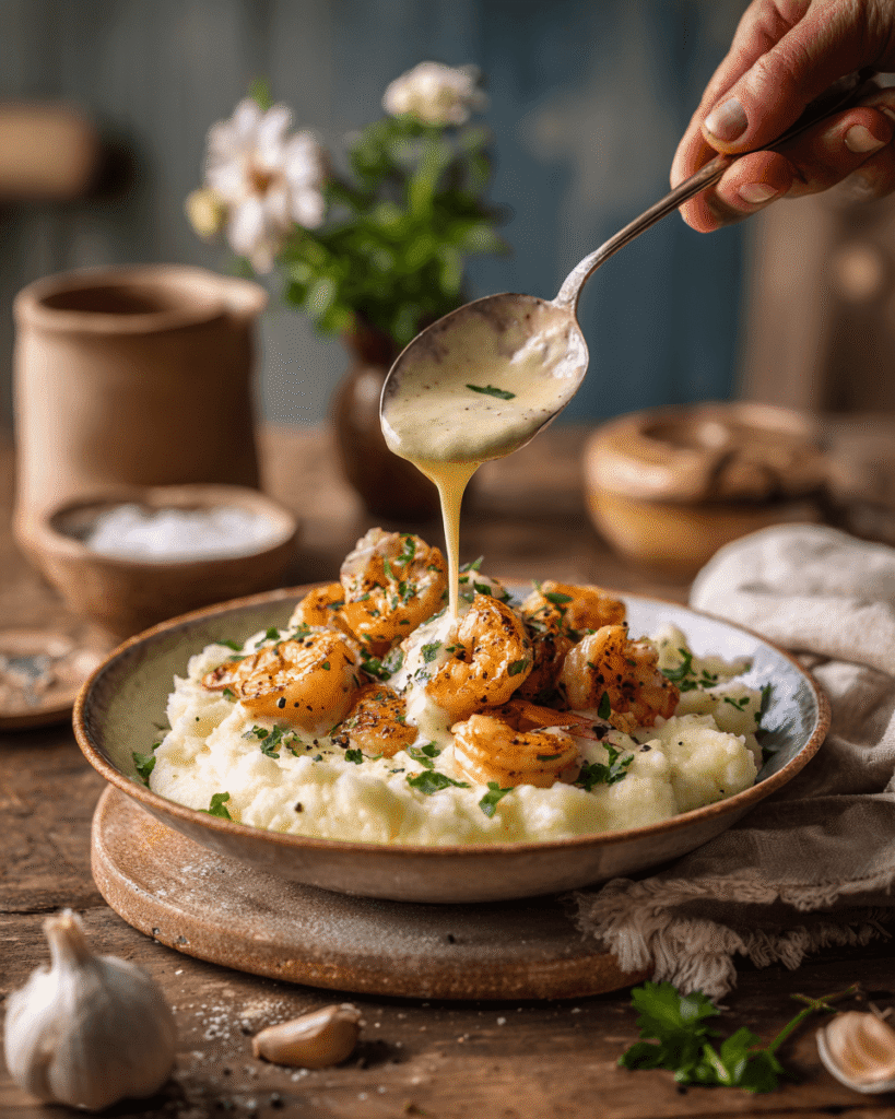 Creamy Garlic Shrimp over Mashed Potatoes Comfort Food