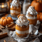 Pumpkin pie parfait layered with creamy pumpkin filling, whipped cream, and graham cracker crumbs in a glass