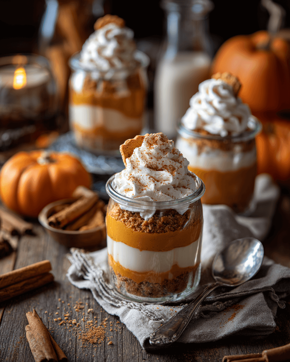 Pumpkin pie parfait layered with creamy pumpkin filling, whipped cream, and graham cracker crumbs in a glass