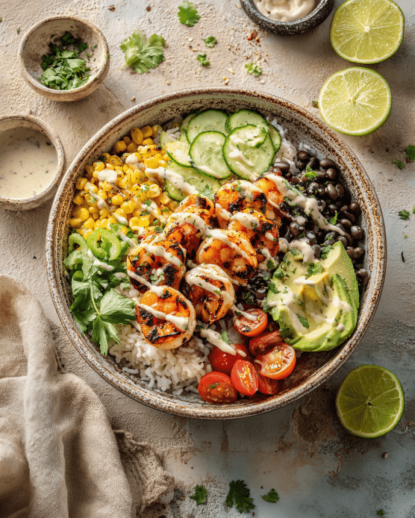 Grilled shrimp bowl served with rice, avocado, corn, tomatoes, and fresh herbs