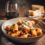 Bowl of creamy Italian sausage rigatoni pasta topped with fresh parsley and parmesan