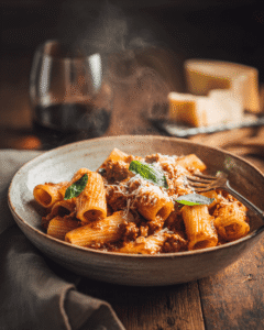 Bowl of creamy Italian sausage rigatoni pasta topped with fresh parsley and parmesan