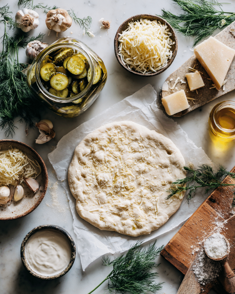 "Ingredients for dill pickle pizza including pizza dough, mozzarella cheese, garlic sauce, sliced dill pickles, and herbs