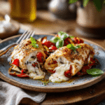 Plated roasted red pepper mozzarella stuffed chicken garnished with fresh basil