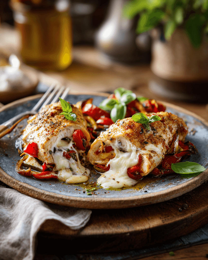 Plated roasted red pepper mozzarella stuffed chicken garnished with fresh basil