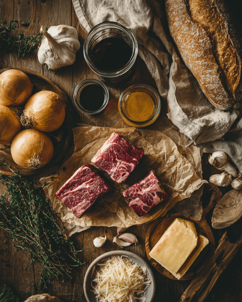 Ingredients for French onion beef short rib soup including beef short ribs, onions, broth, bread, and cheese