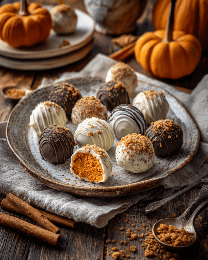 Pumpkin cheesecake truffles coated in chocolate and drizzled with white chocolate