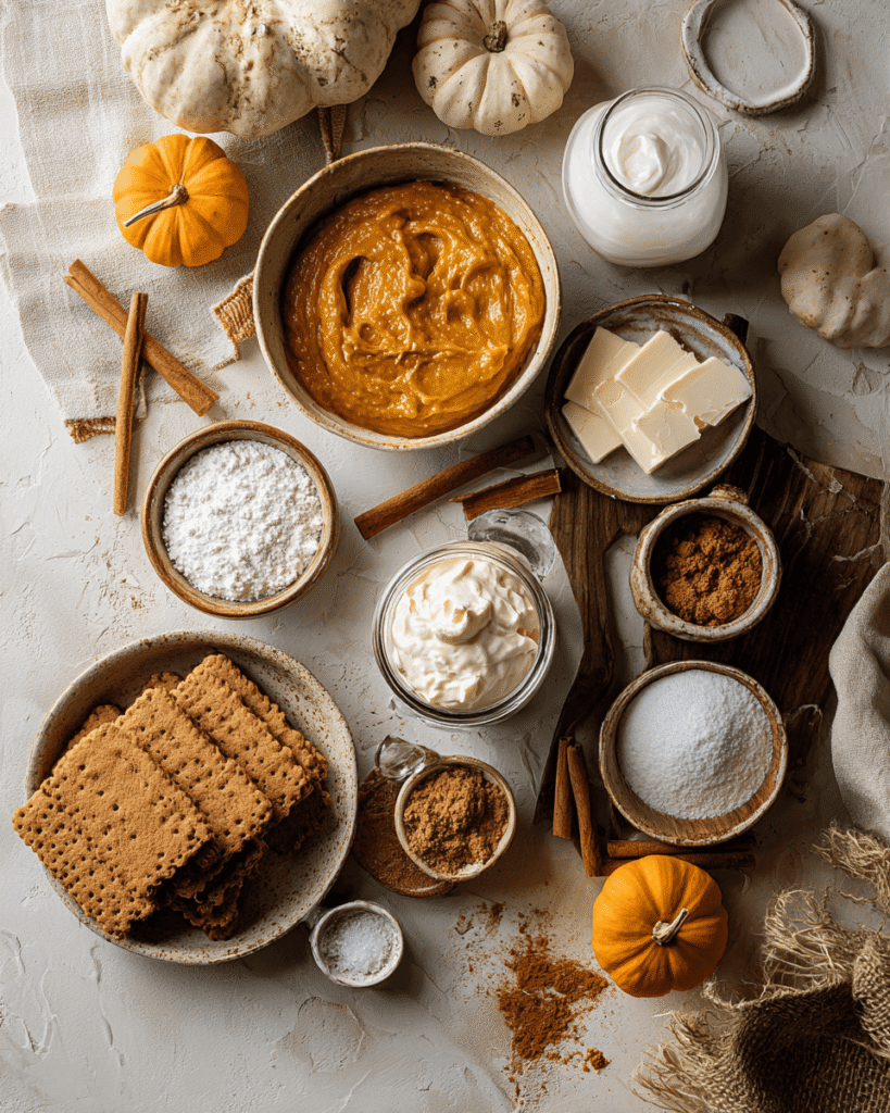 Ingredients for pumpkin pie parfaits including pumpkin puree, spices, cream cheese, whipped cream, and graham crackers