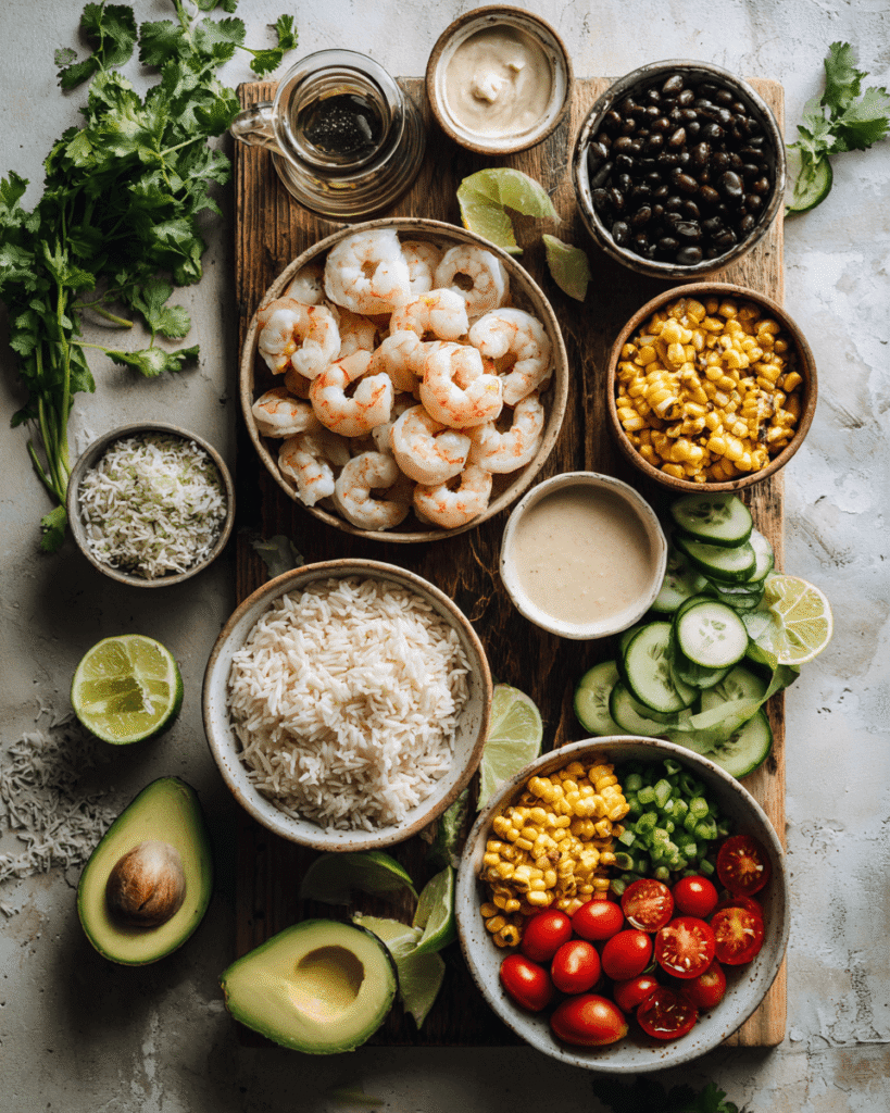 "Ingredients for grilled shrimp bowls including shrimp, avocado, rice, lime, corn, and vegetables