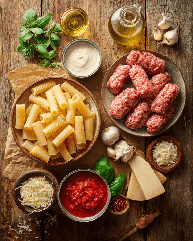 Ingredients for creamy sausage rigatoni including rigatoni pasta, Italian sausage, cream, garlic, onions, and parmesan