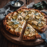 Crispy dill pickle pizza topped with mozzarella, pickles, and fresh dill on a golden crust
