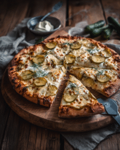 Crispy dill pickle pizza topped with mozzarella, pickles, and fresh dill on a golden crust