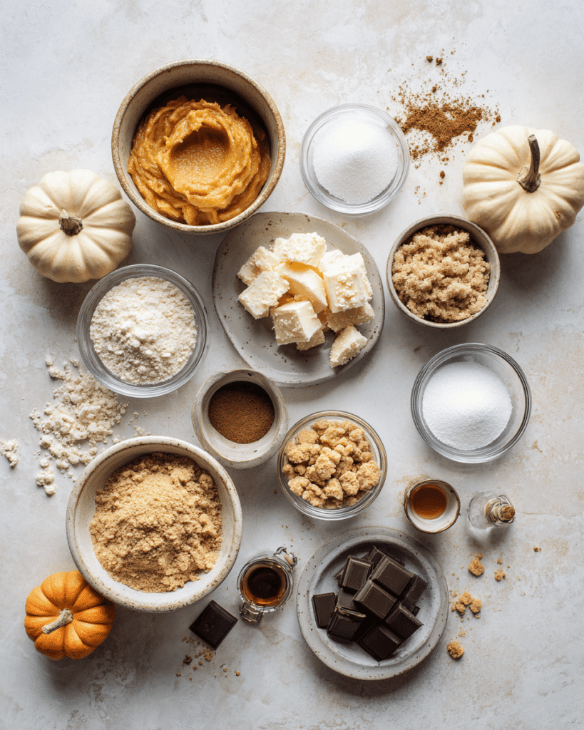 Ingredients for pumpkin cheesecake truffles including pumpkin puree, cream cheese, graham crumbs, spices, and chocolate