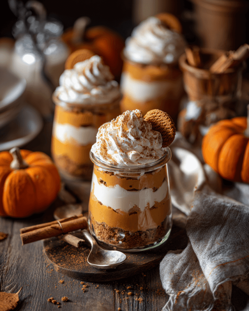 Pumpkin pie parfait layered with creamy pumpkin filling, whipped cream, and graham cracker crumbs in a glass