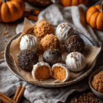 Pumpkin cheesecake truffles coated in chocolate and drizzled with white chocolate
