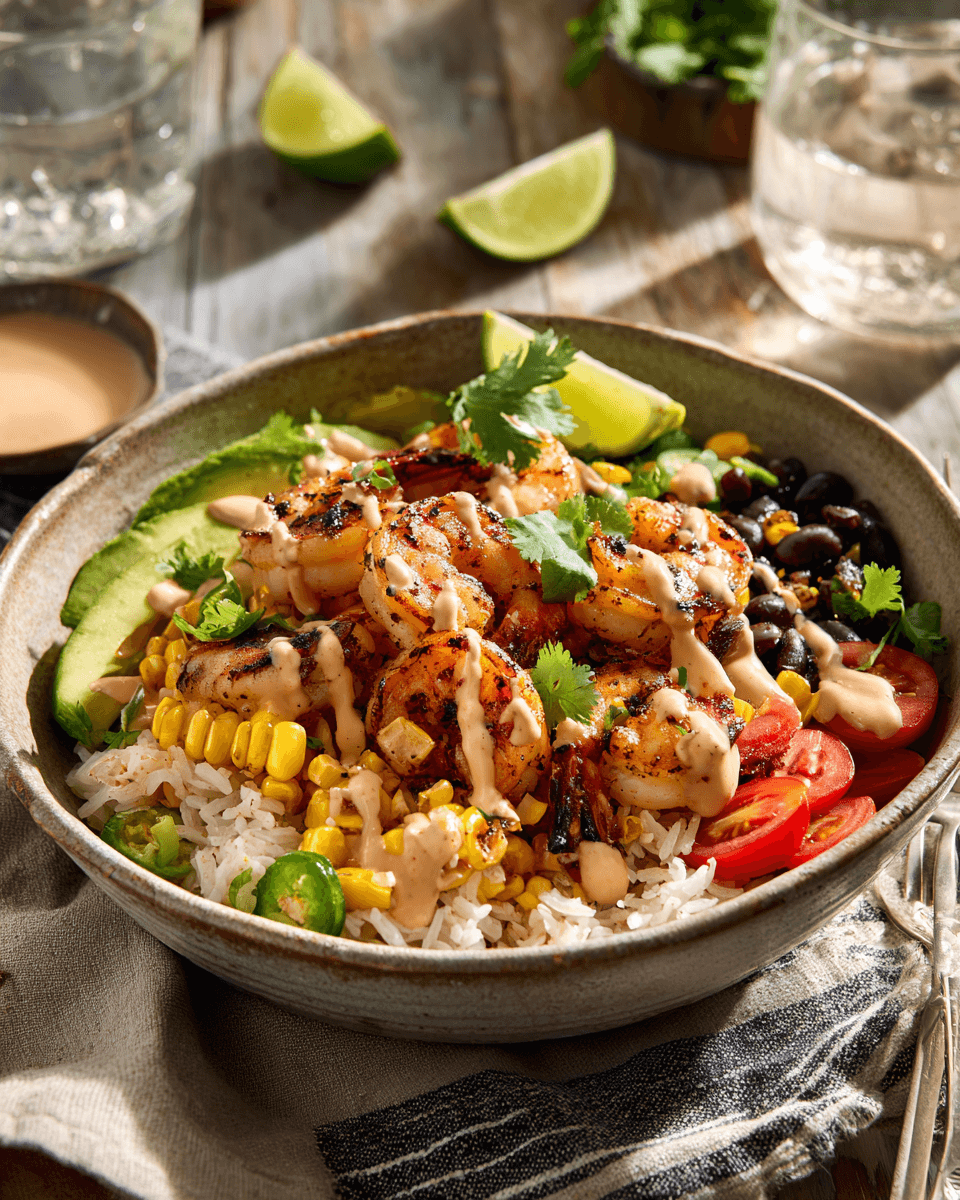 Colorful shrimp bowl garnished with lime wedges and cilantro on a table settingGrilled shrimp bowl served with rice, avocado, corn, tomatoes, and fresh herbs