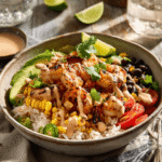 Colorful shrimp bowl garnished with lime wedges and cilantro on a table setting
