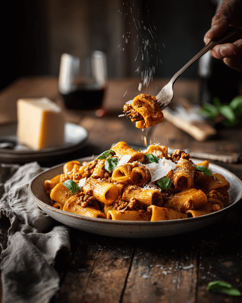 Plate of creamy Italian sausage rigatoni served with garlic bread on the side