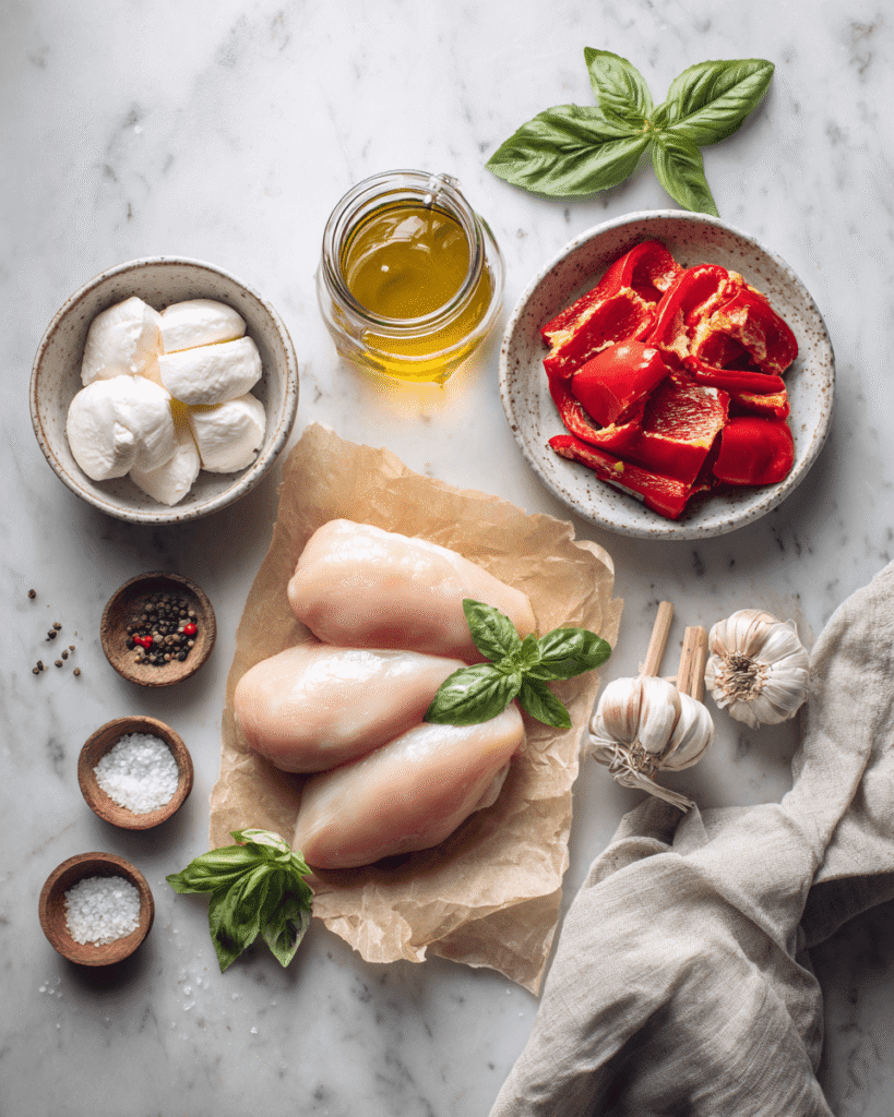 Ingredients for stuffed chicken including chicken breasts, roasted red peppers, mozzarella cheese, garlic, and herbs