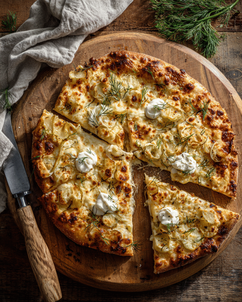Slices of crispy dill pickle pizza served on a wooden board
