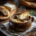 French onion beef short rib soup served in a bowl with melted cheese and toasted bread on top