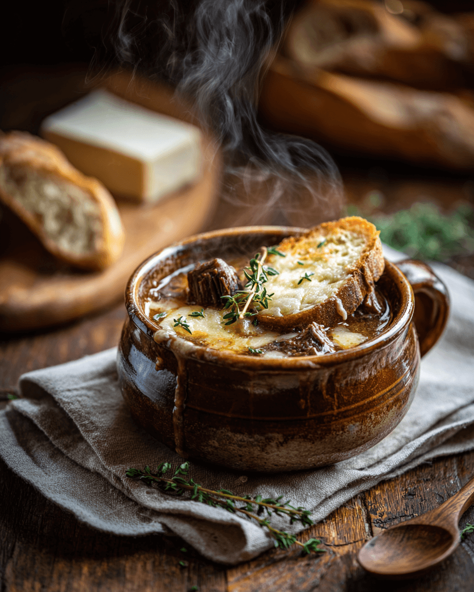 French onion beef short rib soup served in a bowl with melted cheese and toasted bread on top