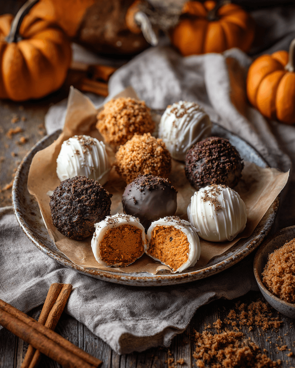 Pumpkin cheesecake truffles coated in chocolate and drizzled with white chocolate