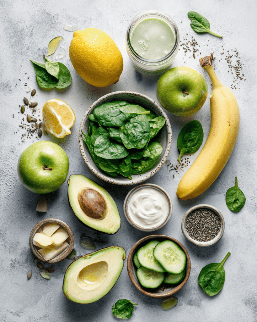 Ingredients for green goddess smoothie including spinach, banana, kiwi, apple, and almond milk