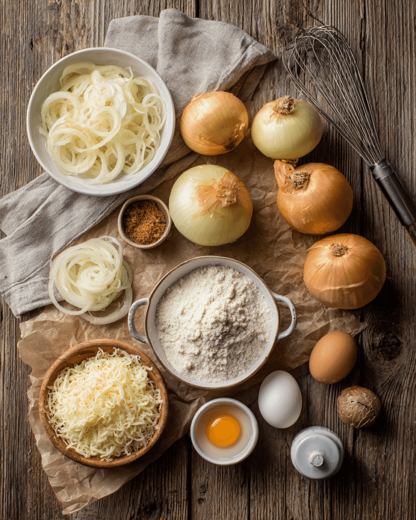 Ingredients for keto onion rings including onion slices, almond flour, parmesan cheese, eggs, and seasonings