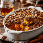 Southern maple sweet potato casserole baked with a golden pecan topping and served in a white dish
