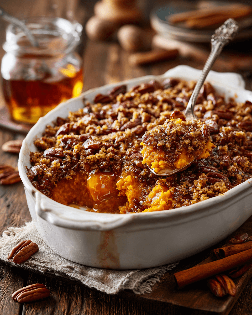 Southern maple sweet potato casserole baked with a golden pecan topping and served in a white dish