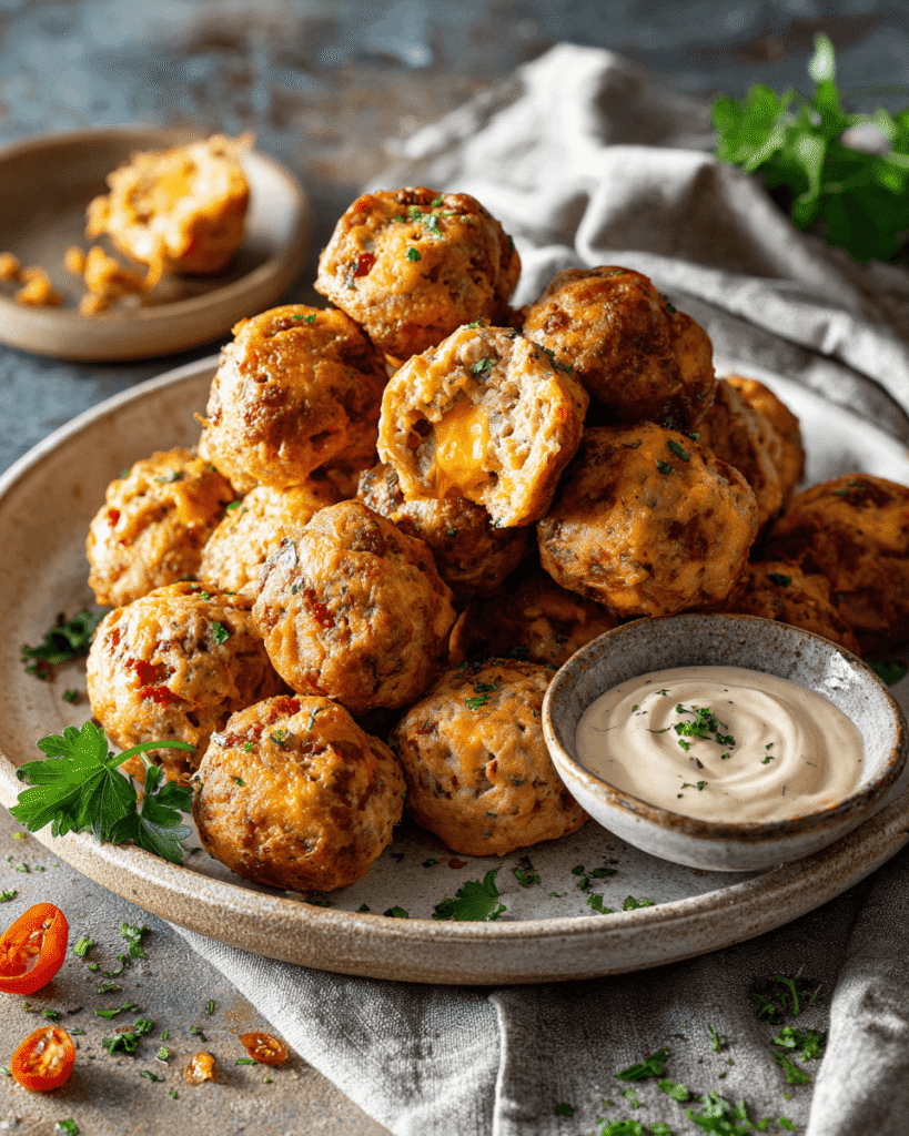 Golden brown Rotel cream cheese sausage balls stacked on a serving platter with dipping sauce