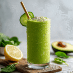 Green goddess smoothie served in a glass with a straw and garnished with fresh spinach and kiwi slices