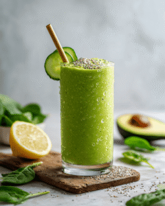 Green goddess smoothie served in a glass with a straw and garnished with fresh spinach and kiwi slices