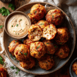 Plate of Rotel cream cheese sausage balls with toothpicks and ranch dipping sauce on the side