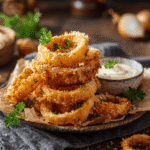 Keto onion rings frying in a skillet until golden and crispy