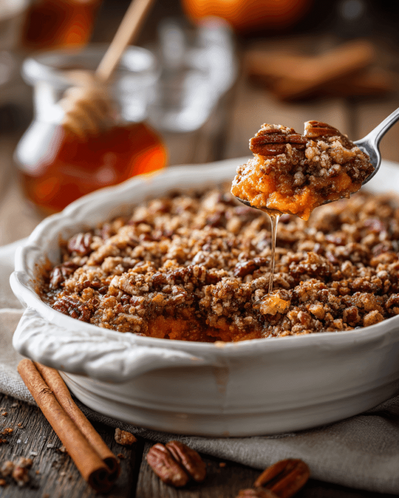 Scoop of maple sweet potato casserole served on a plate with pecan topping and melted butter